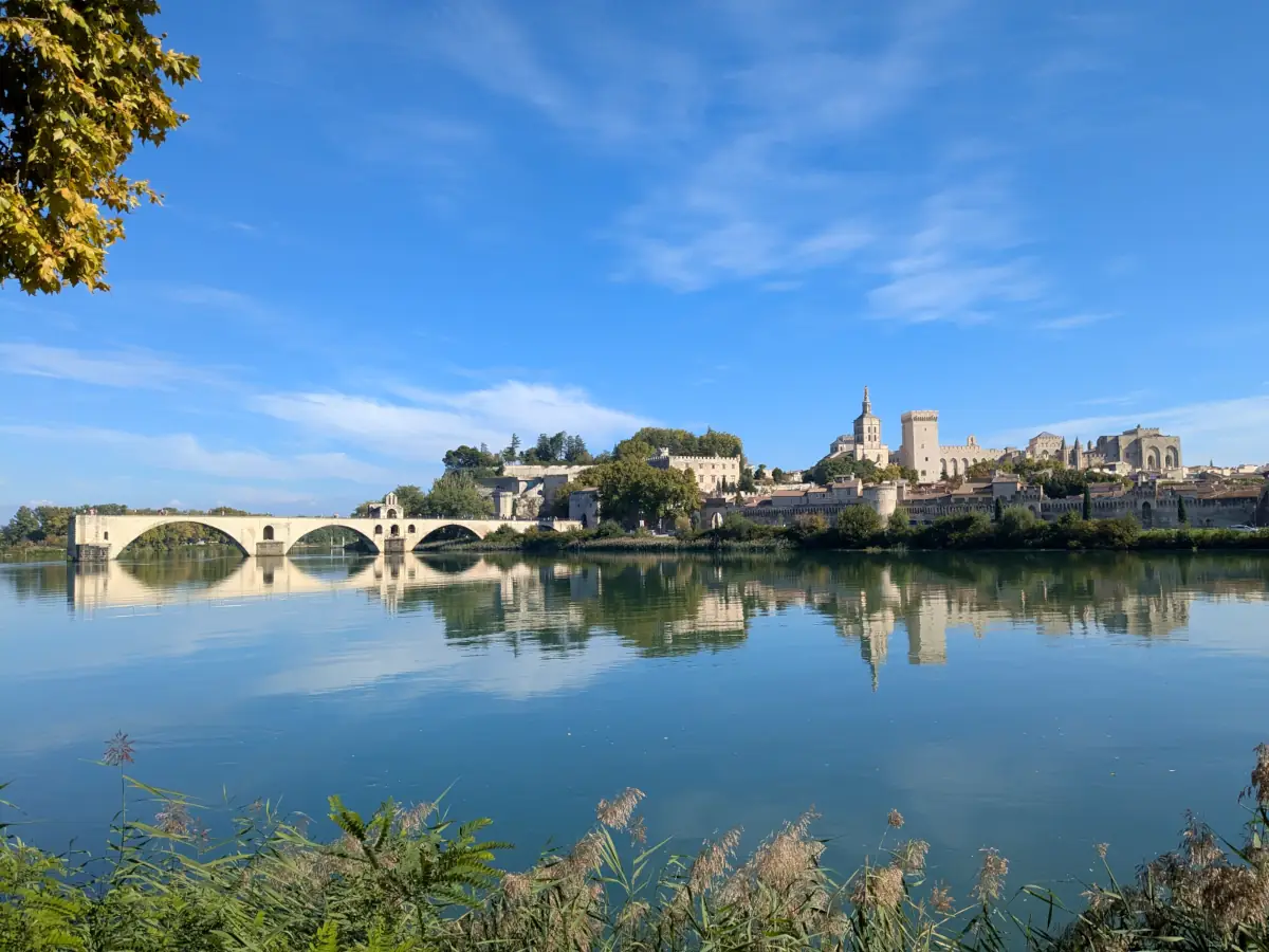 Le pont d’Avignon et le Palais des Papes depuis les rives du Rhône